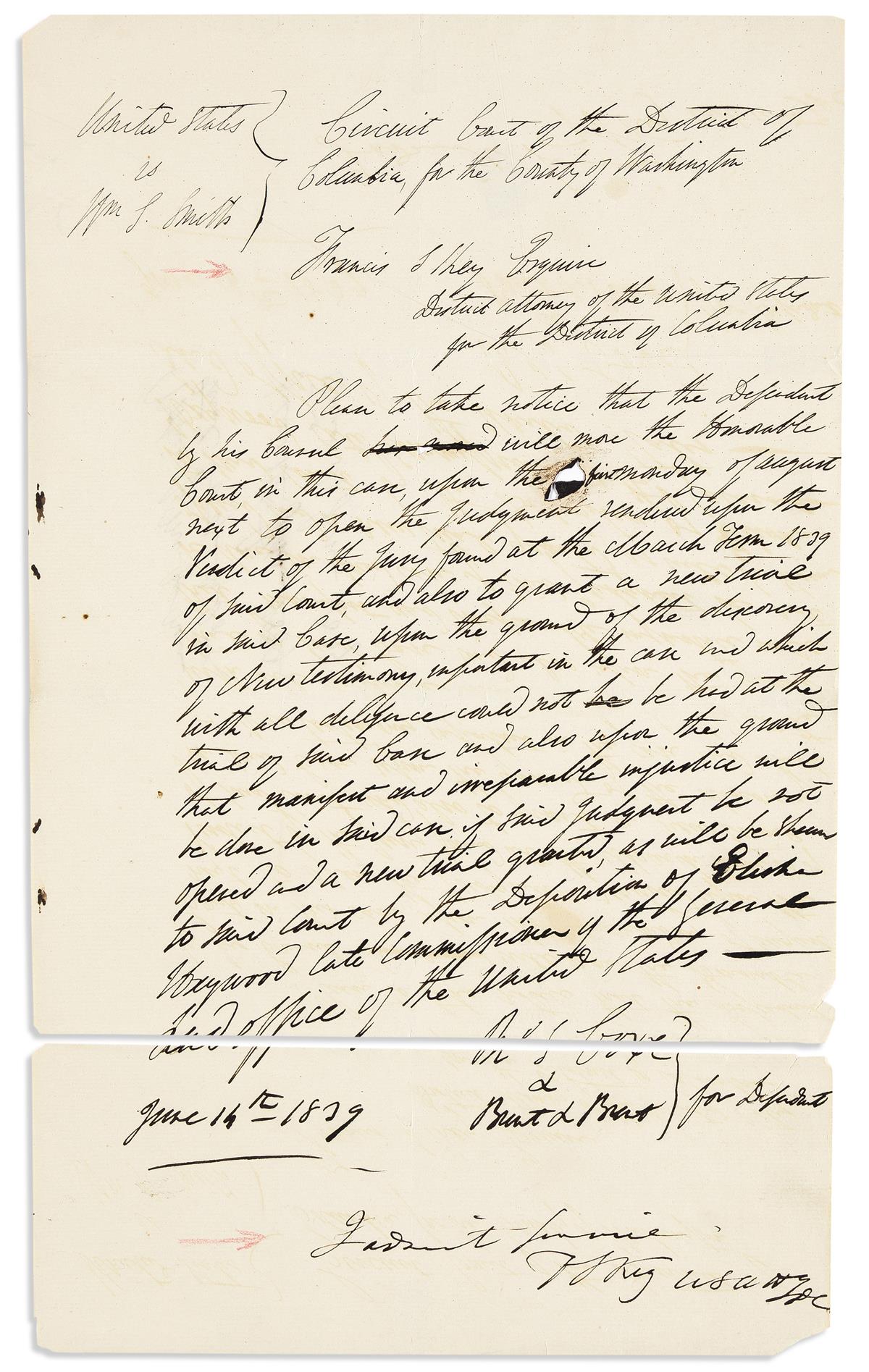 KEY, FRANCIS SCOTT. Autograph Document Signed, FSKey USAtty / DC, as Attorney for the District of Columbia,